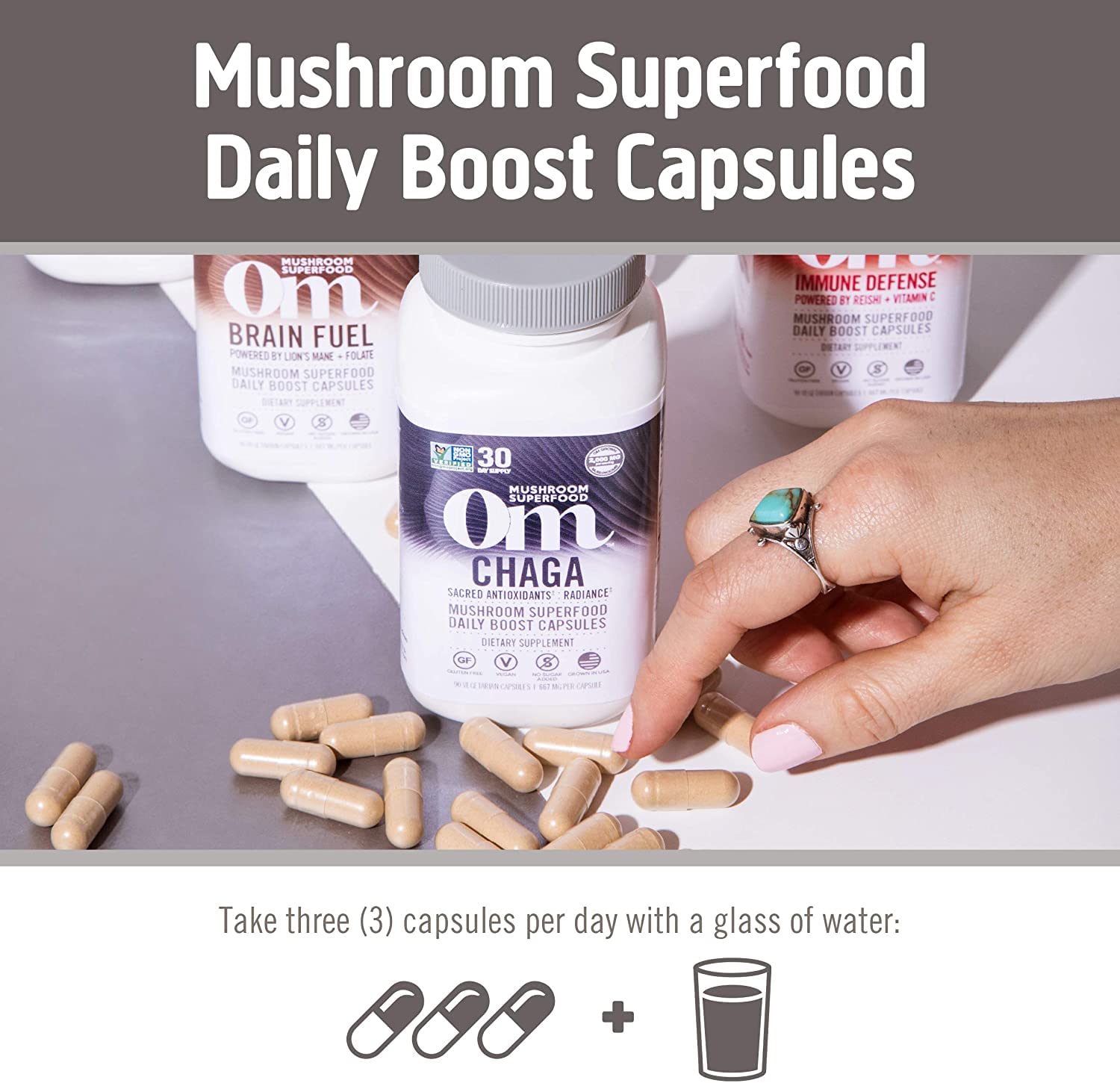 Back label on Om Mushroom capsules showing dosage and ingredients