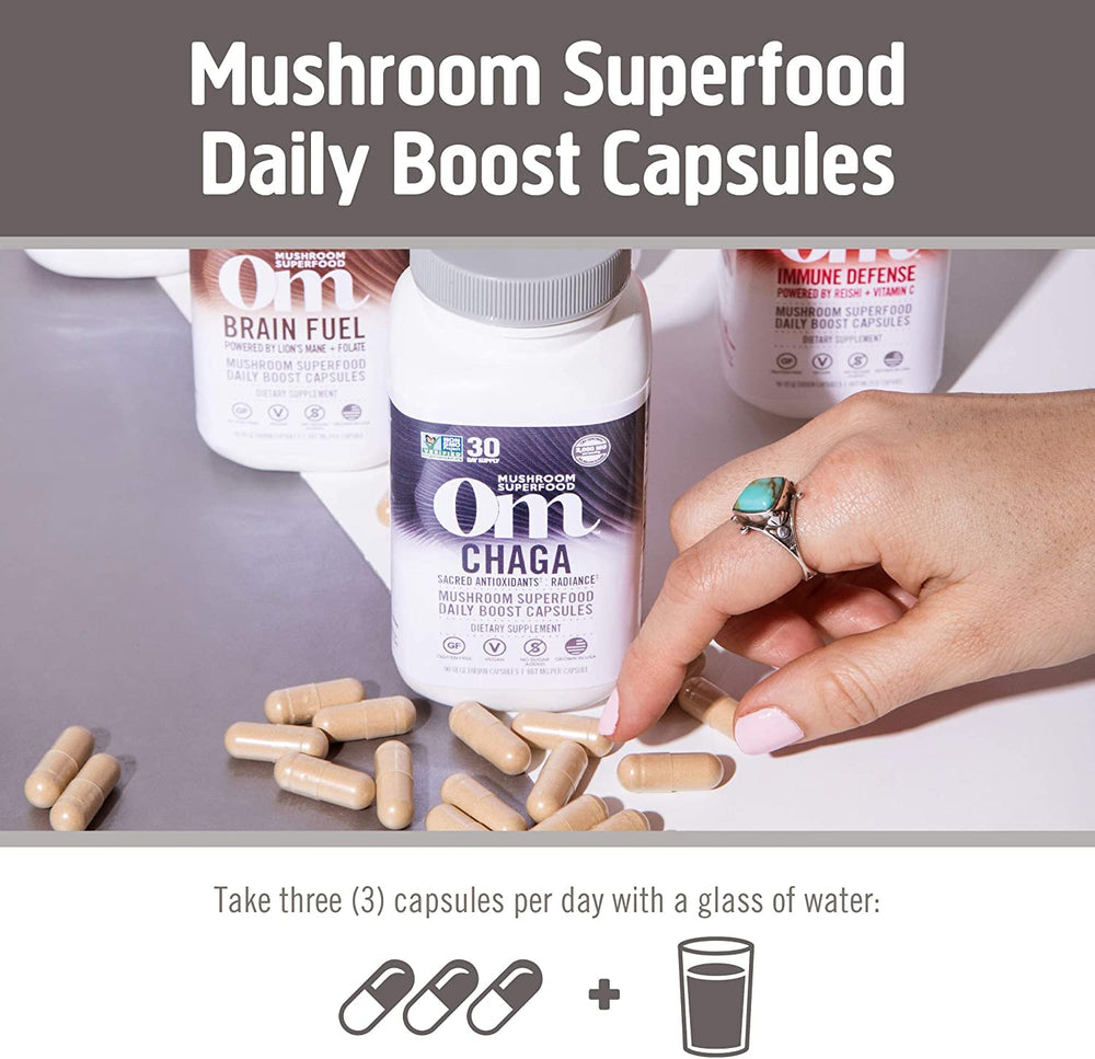 Back label on Om Mushroom capsules showing dosage and ingredients