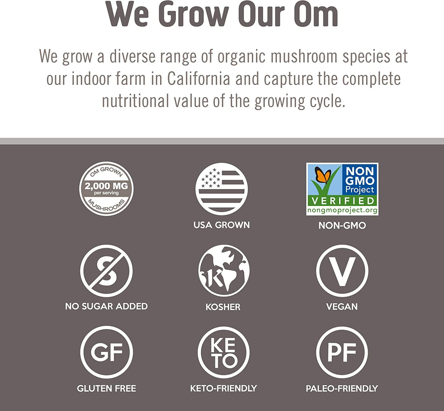 Om Mushroom Superfood certifications label on bottle highlighting organic and purity