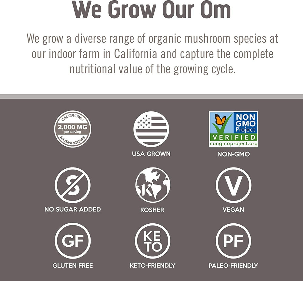 Om Mushroom Superfood certifications label on bottle highlighting organic and purity