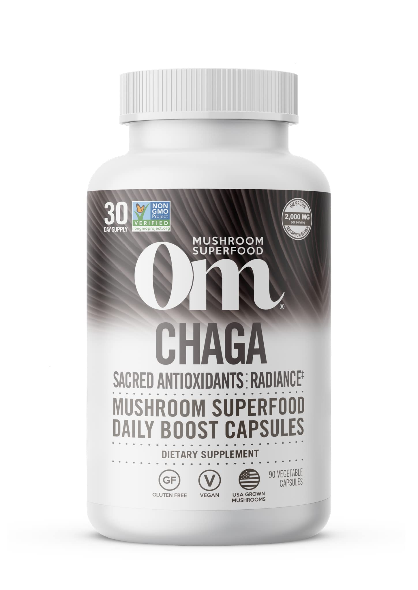 Om Mushroom Superfood Chaga capsules in bottle offering convenient antioxidant support