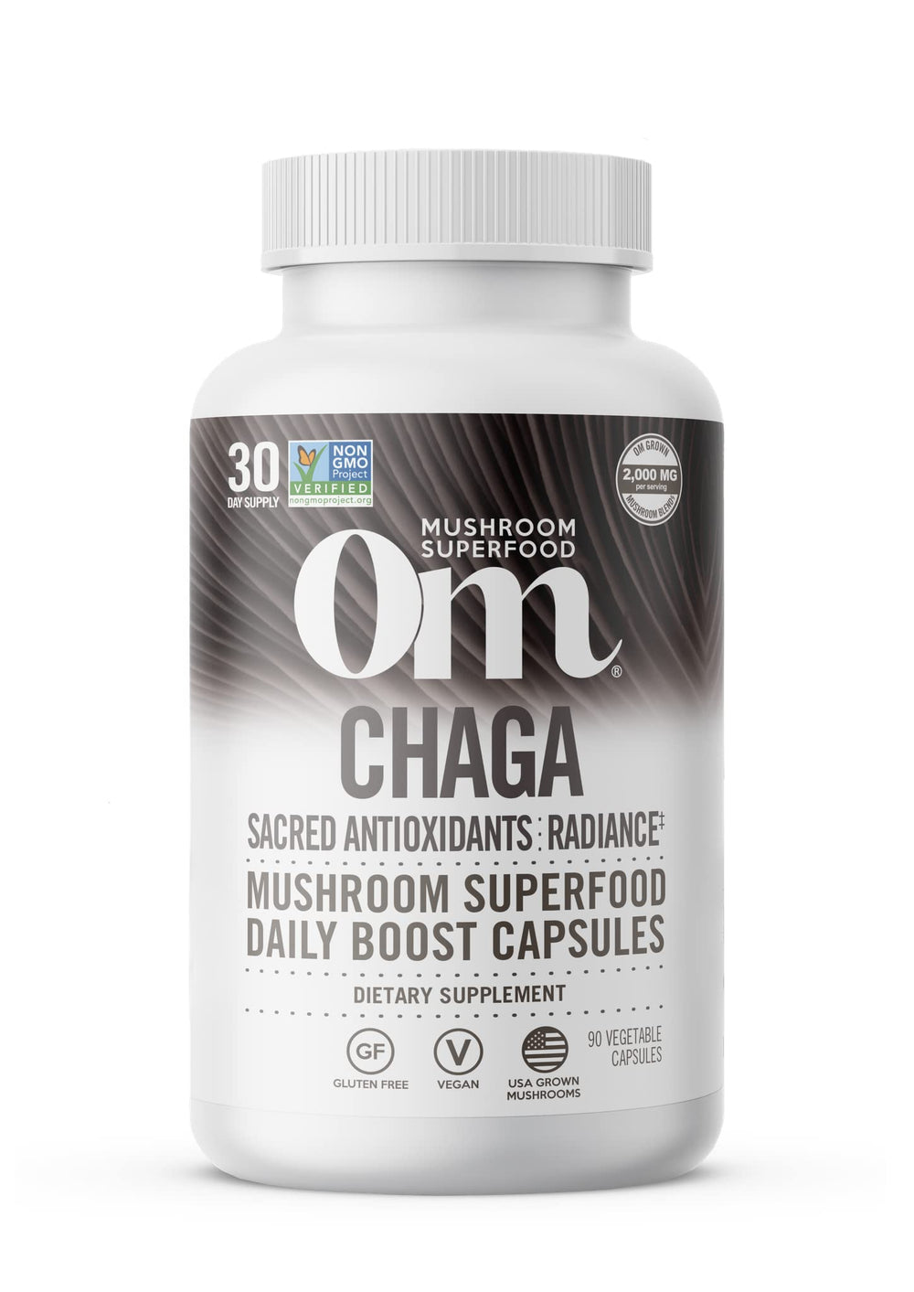 Om Mushroom Superfood Chaga capsules in bottle offering convenient antioxidant support
