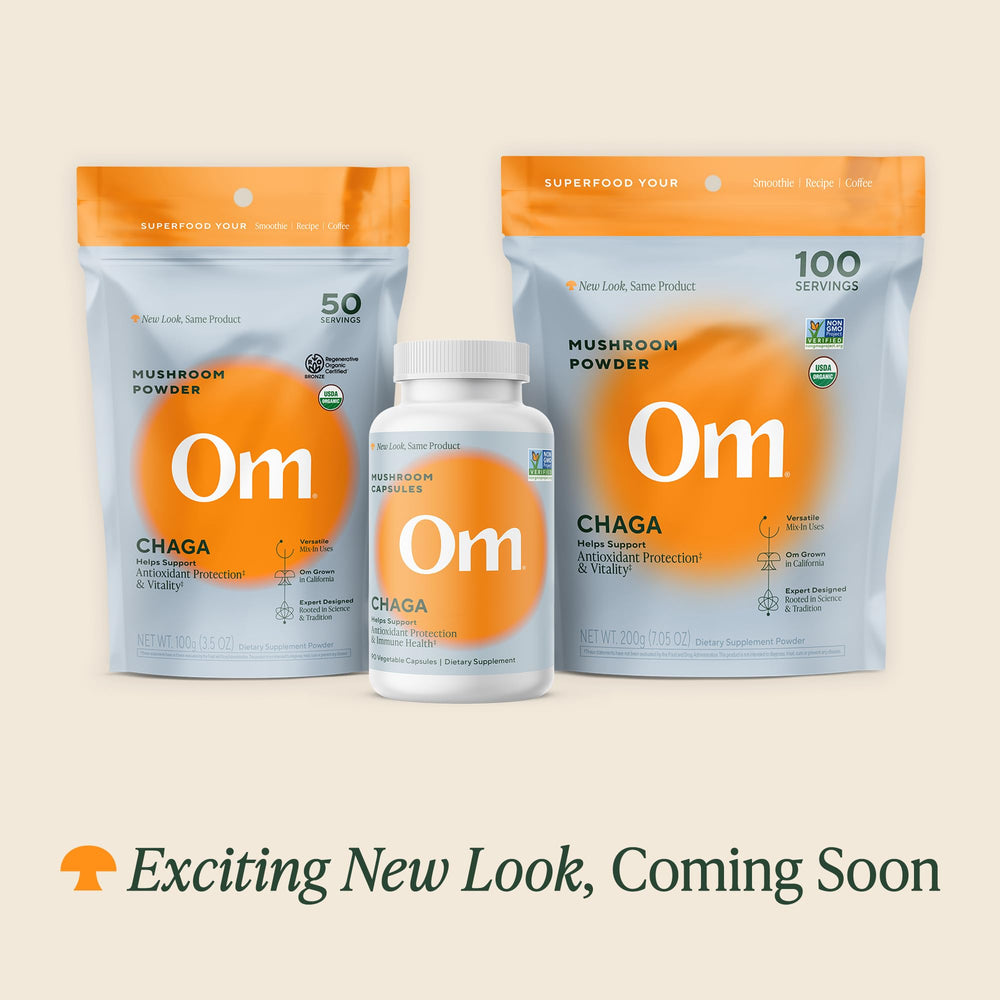 Close-up of Om Mushroom Superfood Chaga capsules highlighting easy-to-swallow form