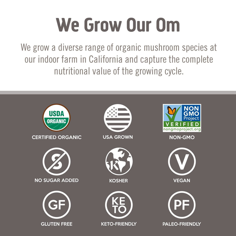 OM Mushroom Superfood Chaga Powder bowl with ingredients demonstrates easy incorporation