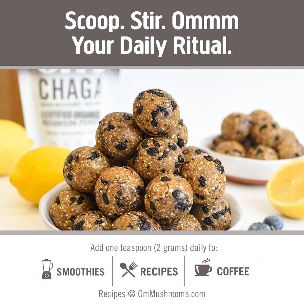 OM Mushroom Superfood Chaga Powder coffee cup suggests morning boost