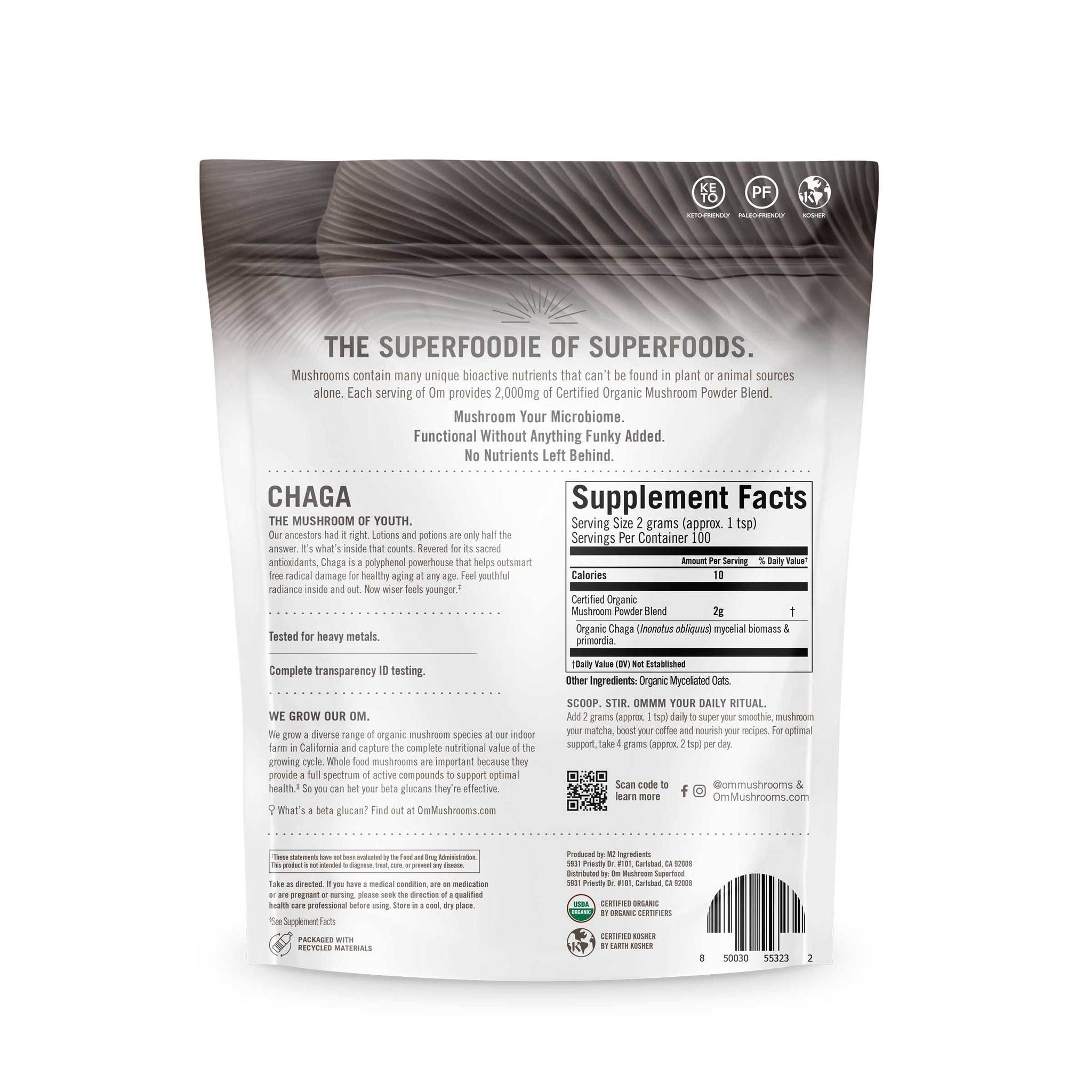 OM Mushroom Superfood Chaga Powder organic label signals quality and safety