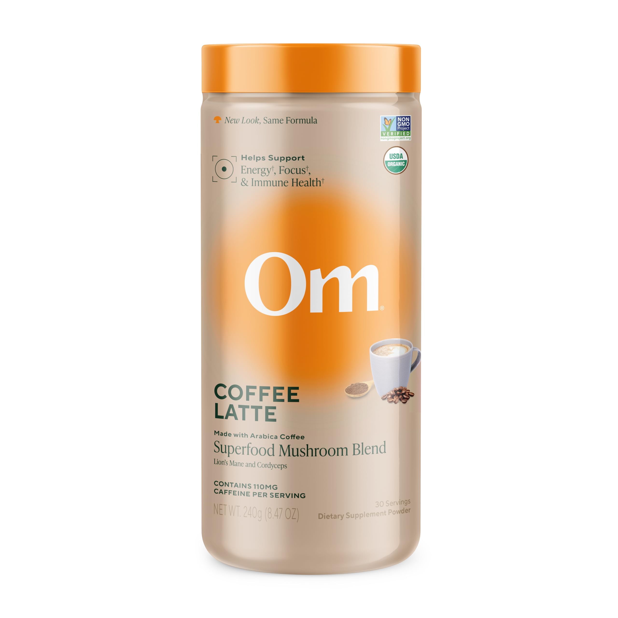 OM MUSHROOM SUPERFOOD coffee latte blend canister showing the rich powder for daily energy and focus