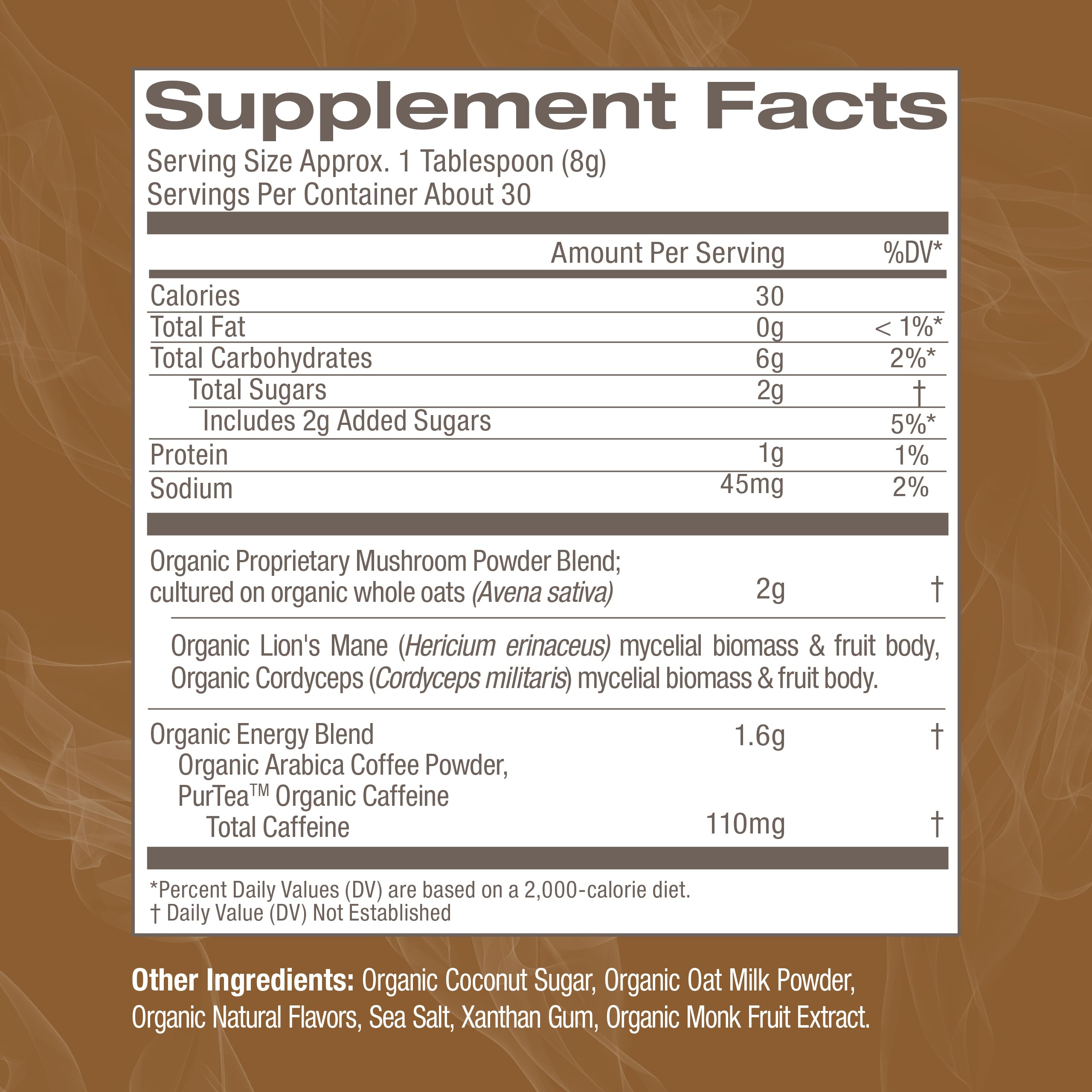 OM MUSHROOM SUPERFOOD ingredients bag highlighting organic mushroom blend