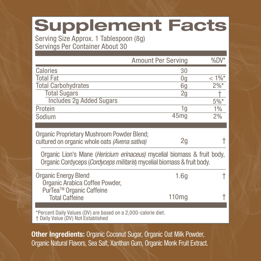 OM MUSHROOM SUPERFOOD ingredients bag highlighting organic mushroom blend