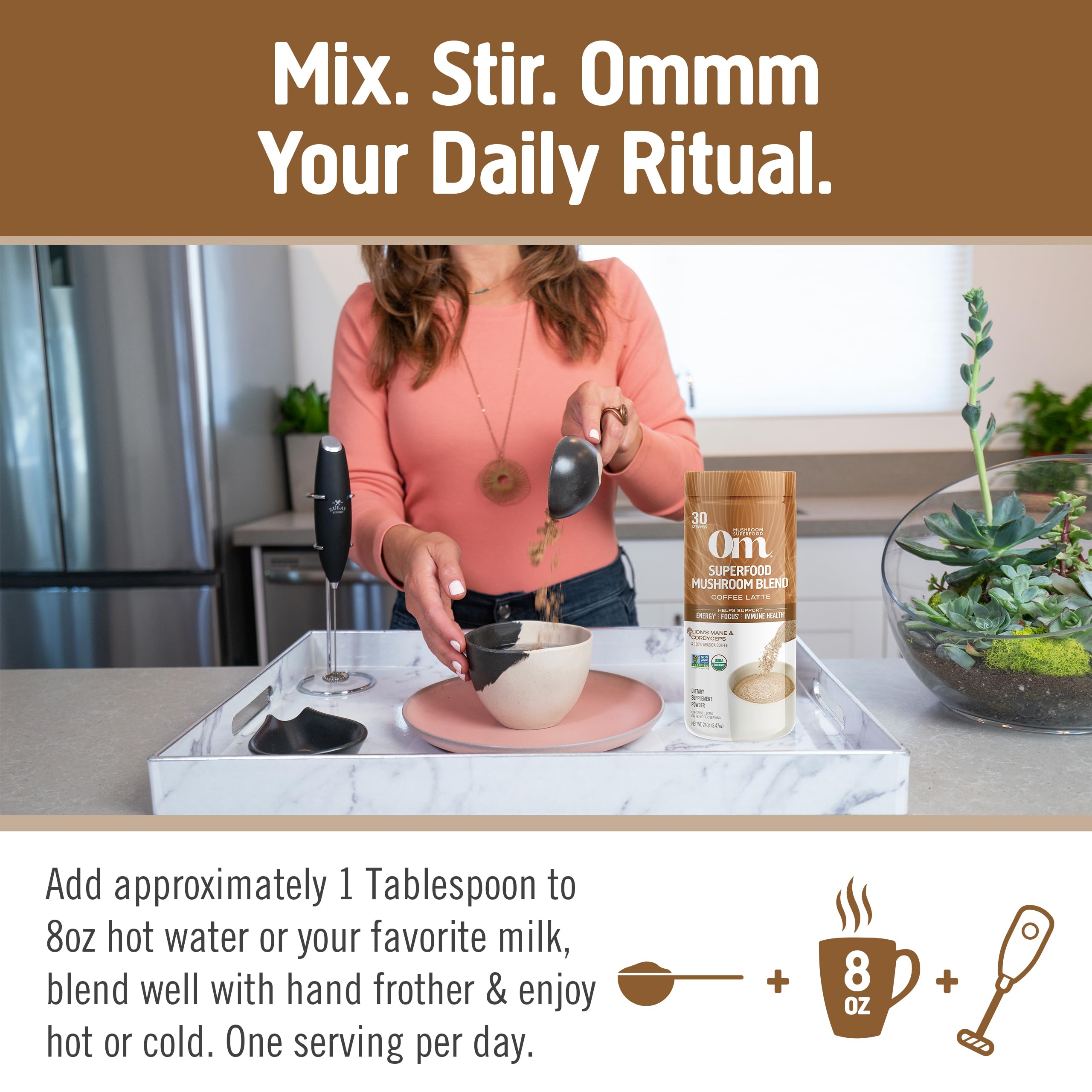 OM MUSHROOM SUPERFOOD mushroom powder jar with rich texture for energizing routine