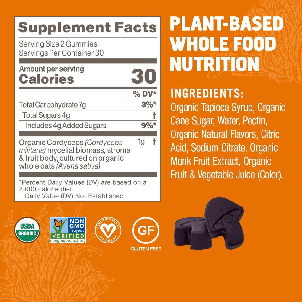 Active lifestyle scene with OM Mushroom Superfood Cordyceps Gummies for on-the-go energy.