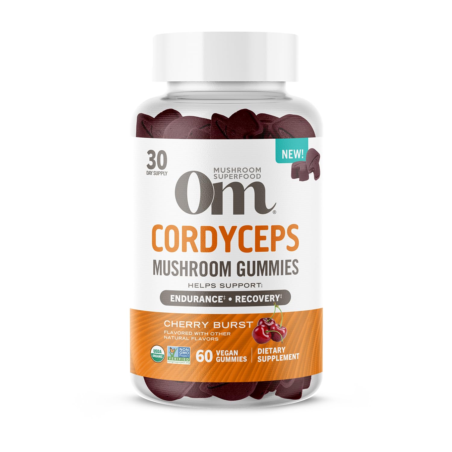 OM Mushroom Superfood Cordyceps Gummies bottle for easy daily energy.