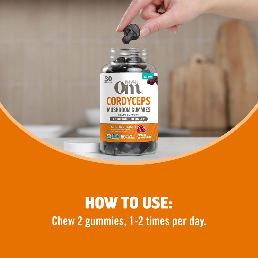 Gummies packaging and serving info for OM Mushroom Superfood Cordyceps Gummies.