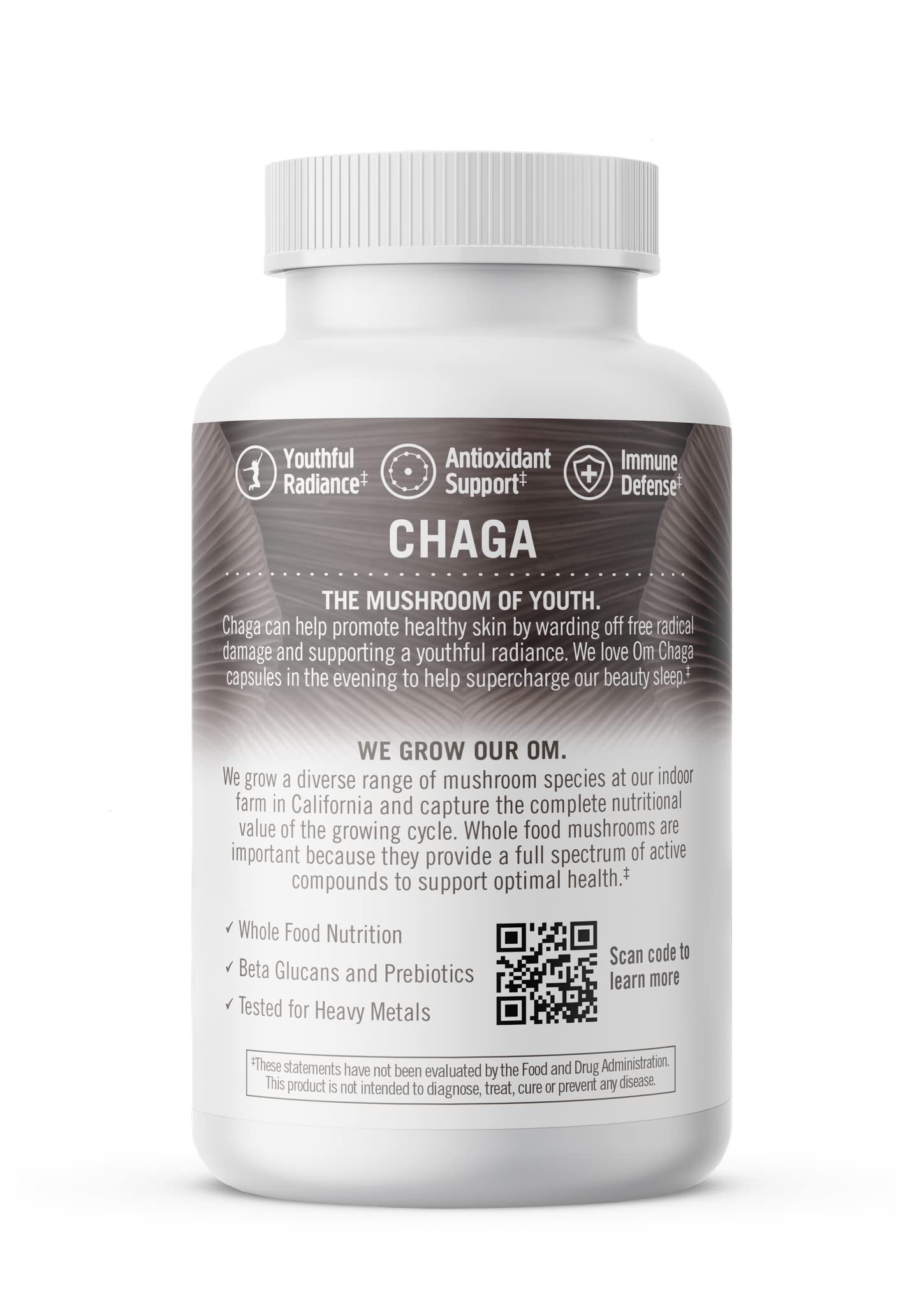 Om Mushroom Superfood daily-use capsules with water on kitchen counter