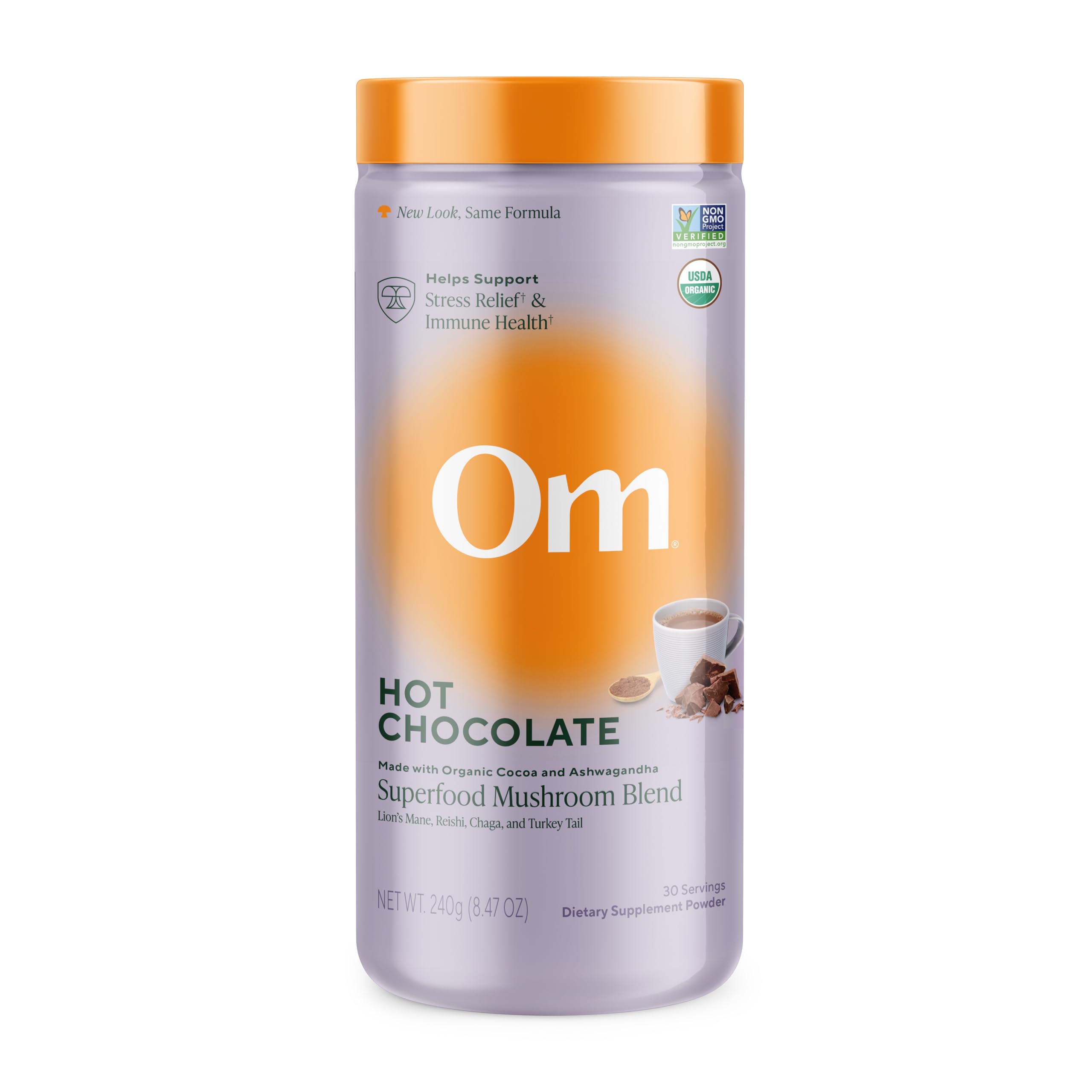OM Mushroom Superfood hot chocolate canister logo visible for convenient daily wellness ritual.