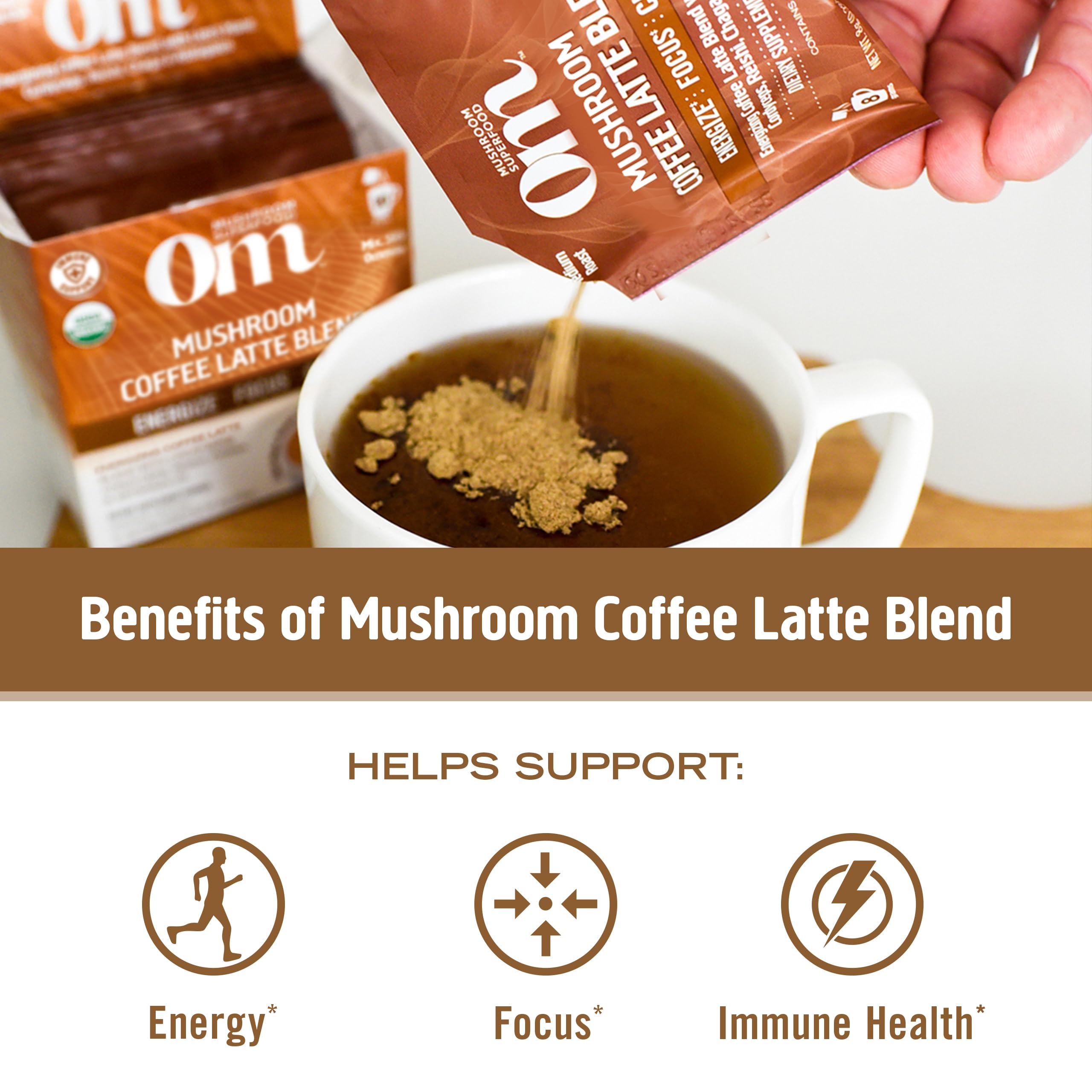Pour hot water over OM Mushroom Superfood latte powder forming creamy latte.