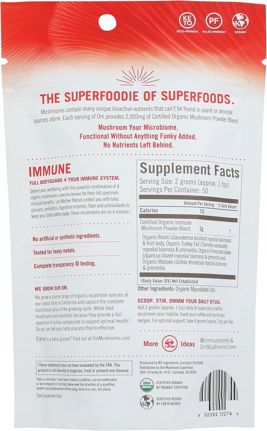 OM Mushroom Superfood Immune Powder beta glucans close-up highlighting nutrients