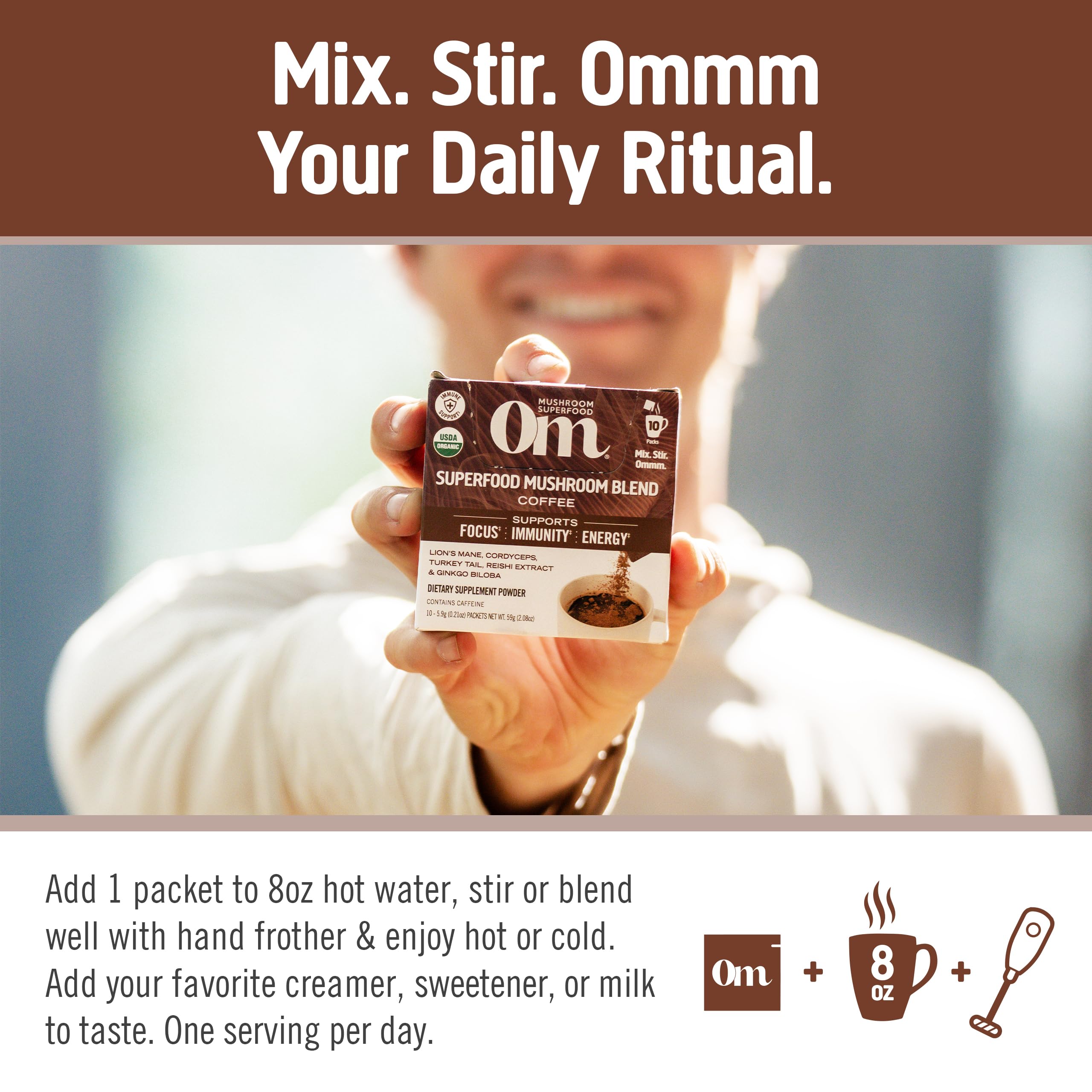 Rich crema on OM Mushroom Instant Coffee brewed from organic Arabica