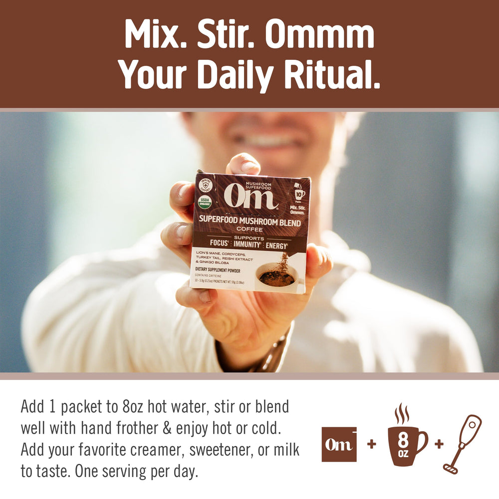 Rich crema on OM Mushroom Instant Coffee brewed from organic Arabica