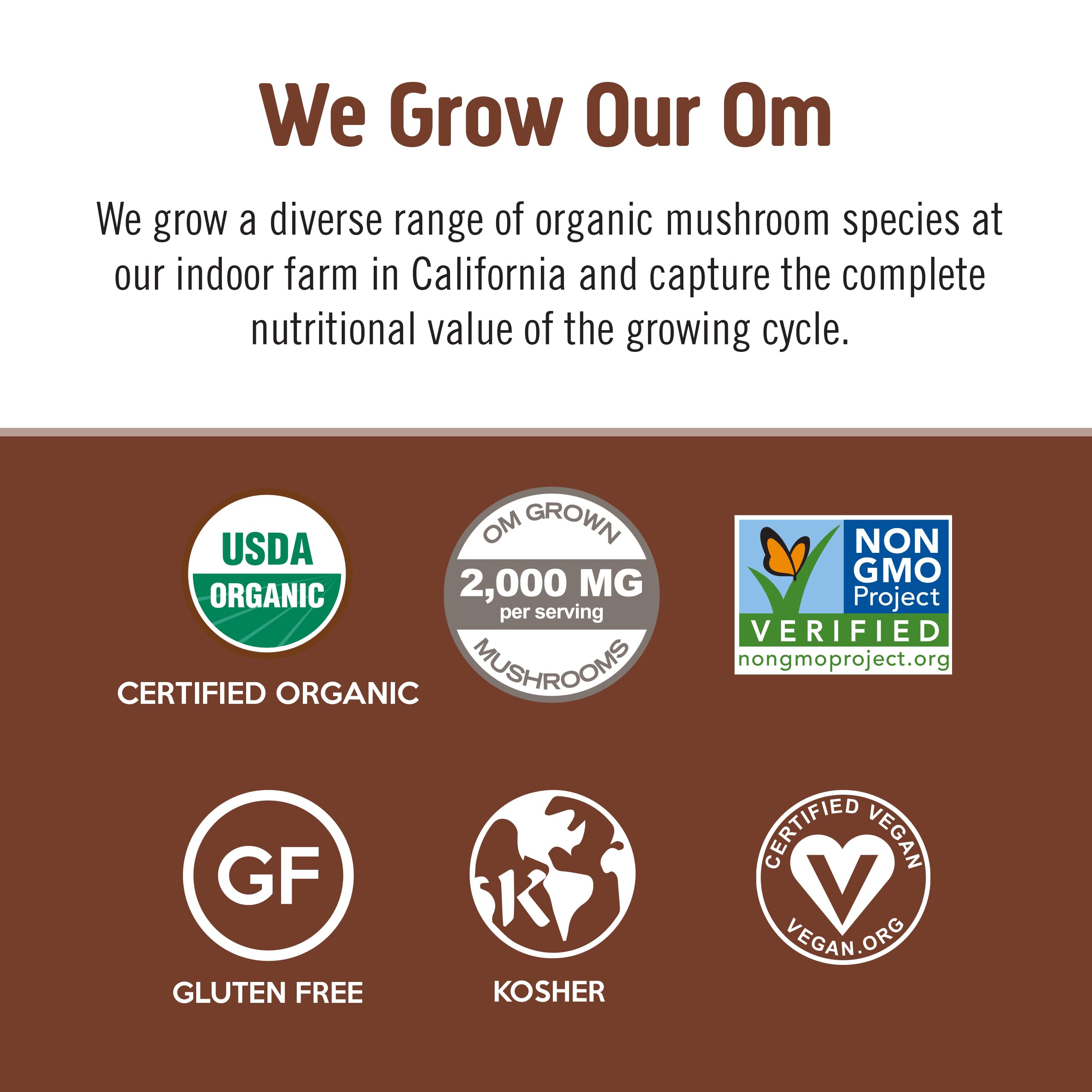 US-grown OM Mushroom Superfood labels on packaging for transparency