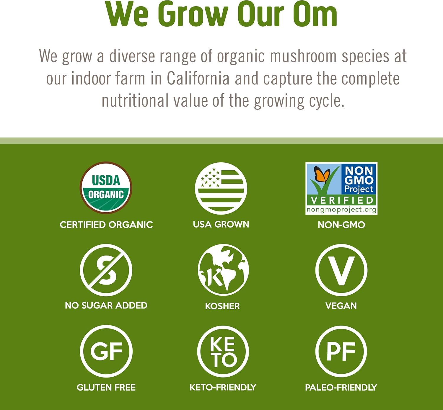 OM MUSHROOM SUPERFOOD product label close-up emphasizing purity and potency