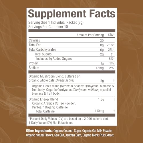 OM Mushroom Superfood latte powder close-up highlighting rich texture for focus support.