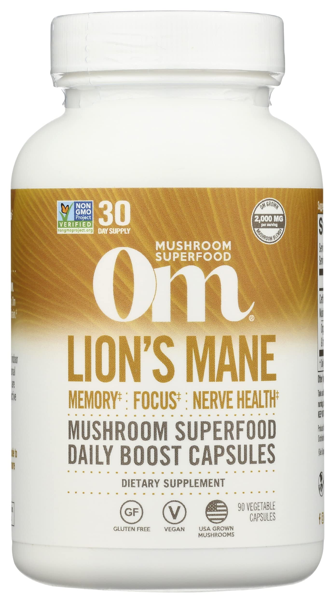 OM Mushroom Superfood Lion's Mane capsules bottle supports focus and mood for daily mental clarity.