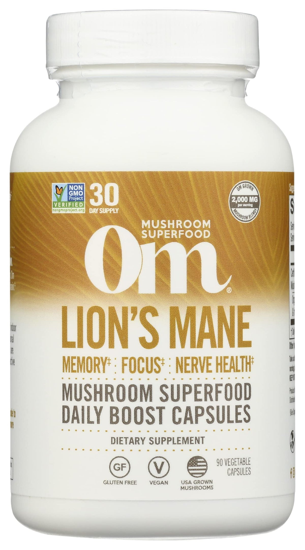 OM Mushroom Superfood Lion's Mane capsules bottle supports focus and mood for daily mental clarity.