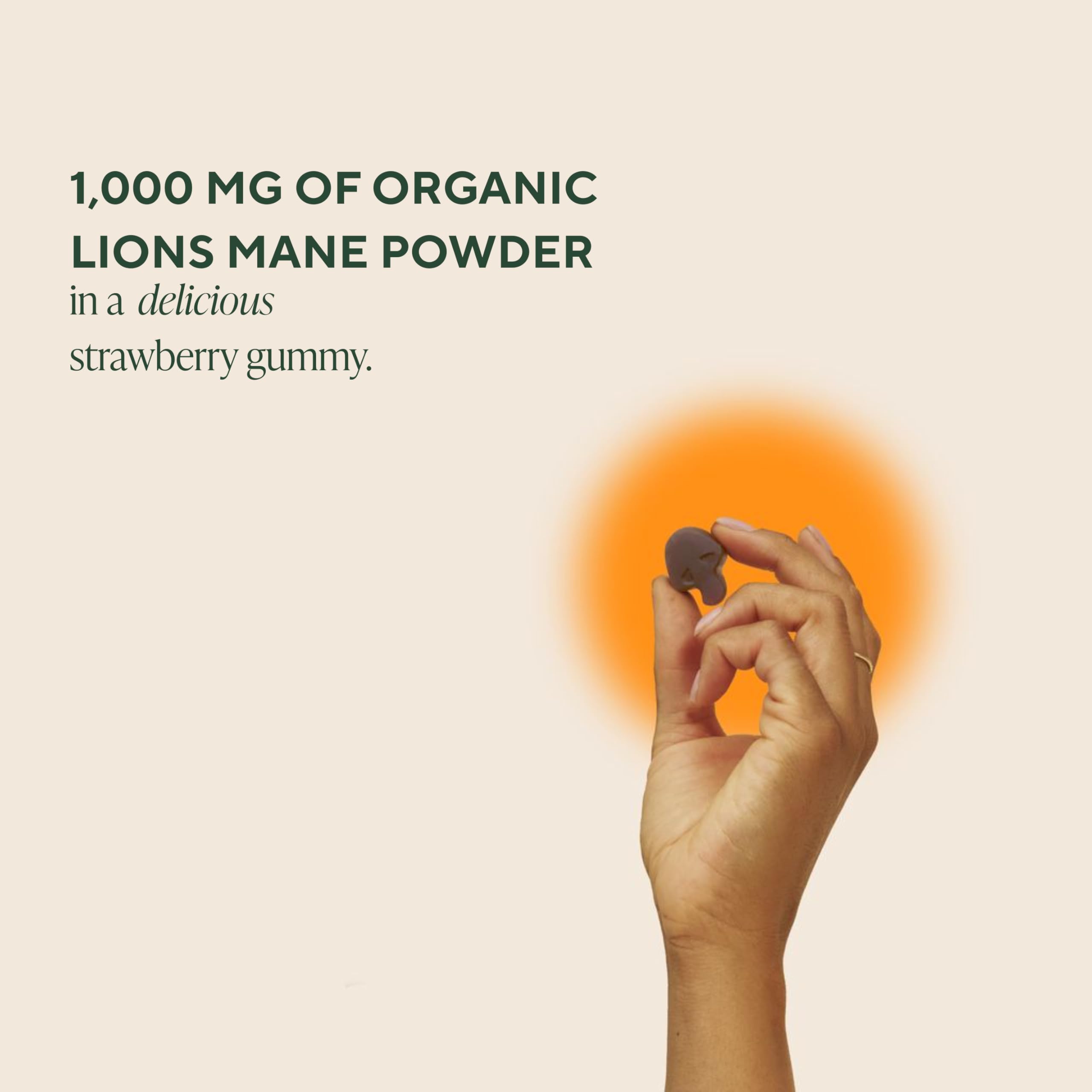 OM Mushroom Superfood Lions Mane gummies packaging label highlights strawberry flavor and organic ingredients.