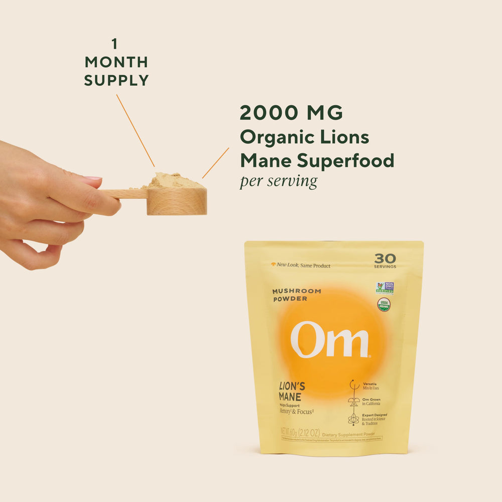 OM Mushroom Superfood Lion’s Mane powder bottle front highlights premium organic nootropic