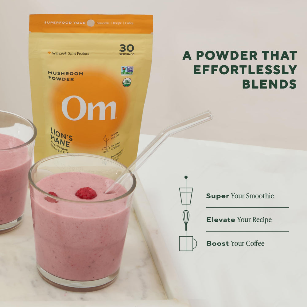 OM Mushroom Superfood Lion’s Mane powder pouring demonstrates easy daily use
