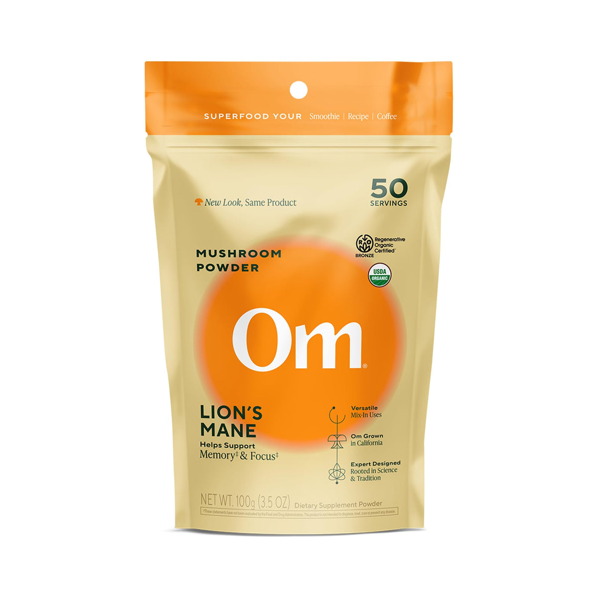 OM Mushroom Superfood Lion’s Mane powder tub highlighting a premium organic nootropic for focus