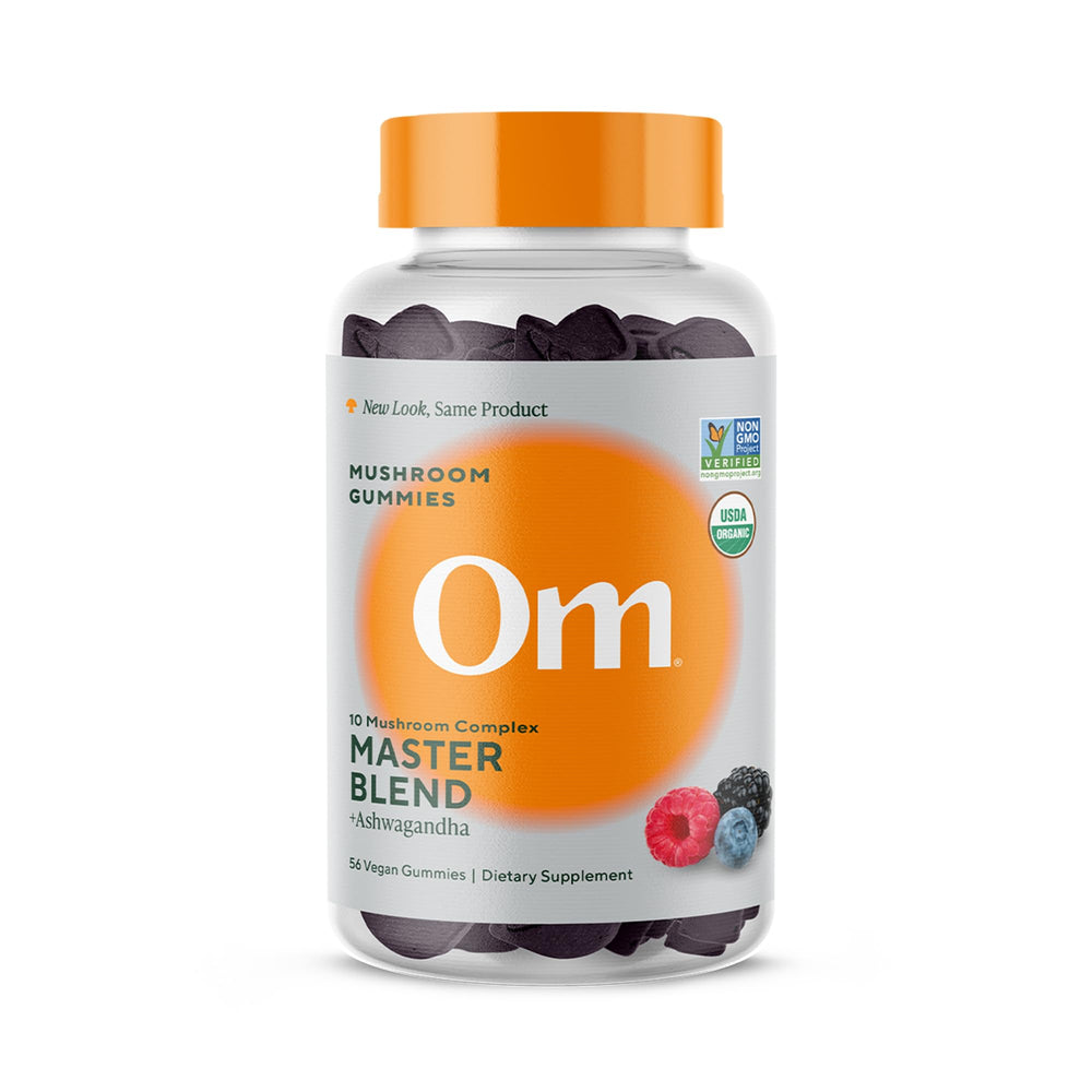 OM Mushroom Master Blend gummies bottle front with mixed berries for daily immune support