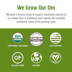 Packaging close-up of OM Mushroom Superfood latte blend with clean label.
