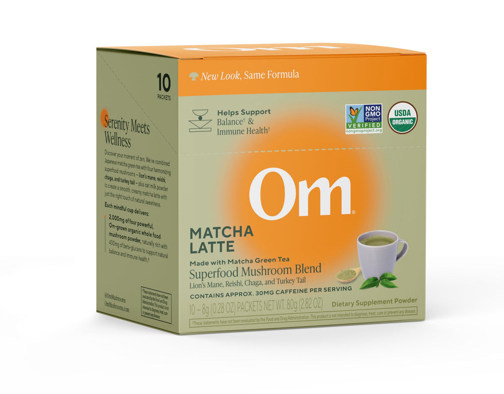 OM Mushroom Superfood Matcha Latte Blend single-serve packet for on-the-go wellness.