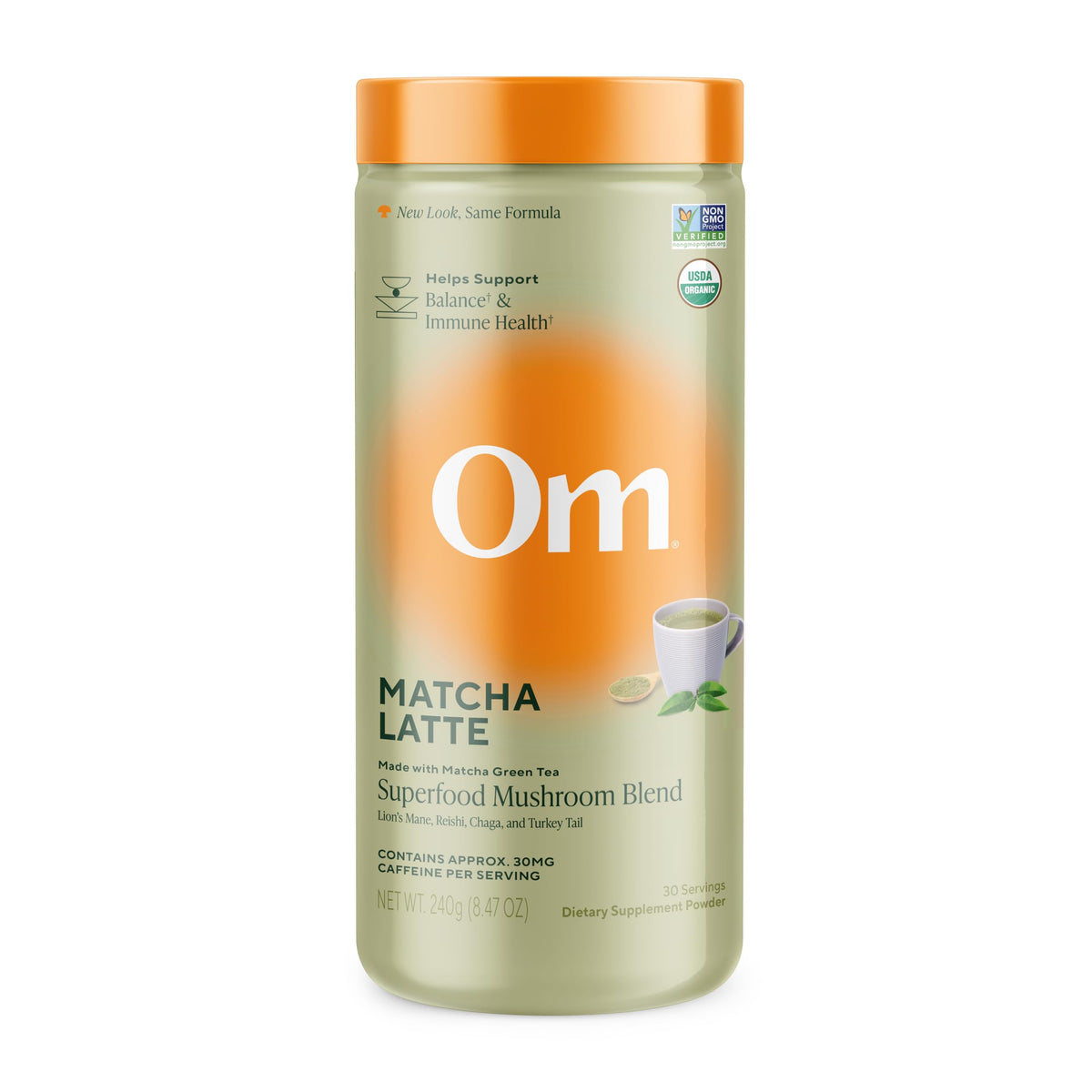 OM MUSHROOM SUPERFOOD Matcha Latte canister front highlights focus ingredients.