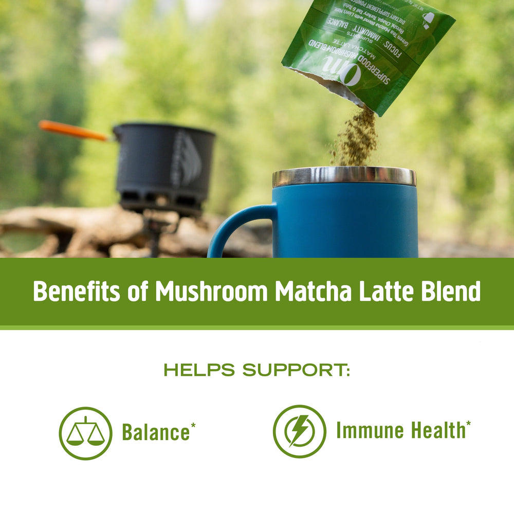 OM MUSHROOM SUPERFOOD Matcha Latte label detail showing 30 servings.