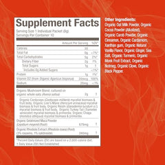 OM Mushroom Superfood sachet closeup highlighting convenient single-serve packets for travel