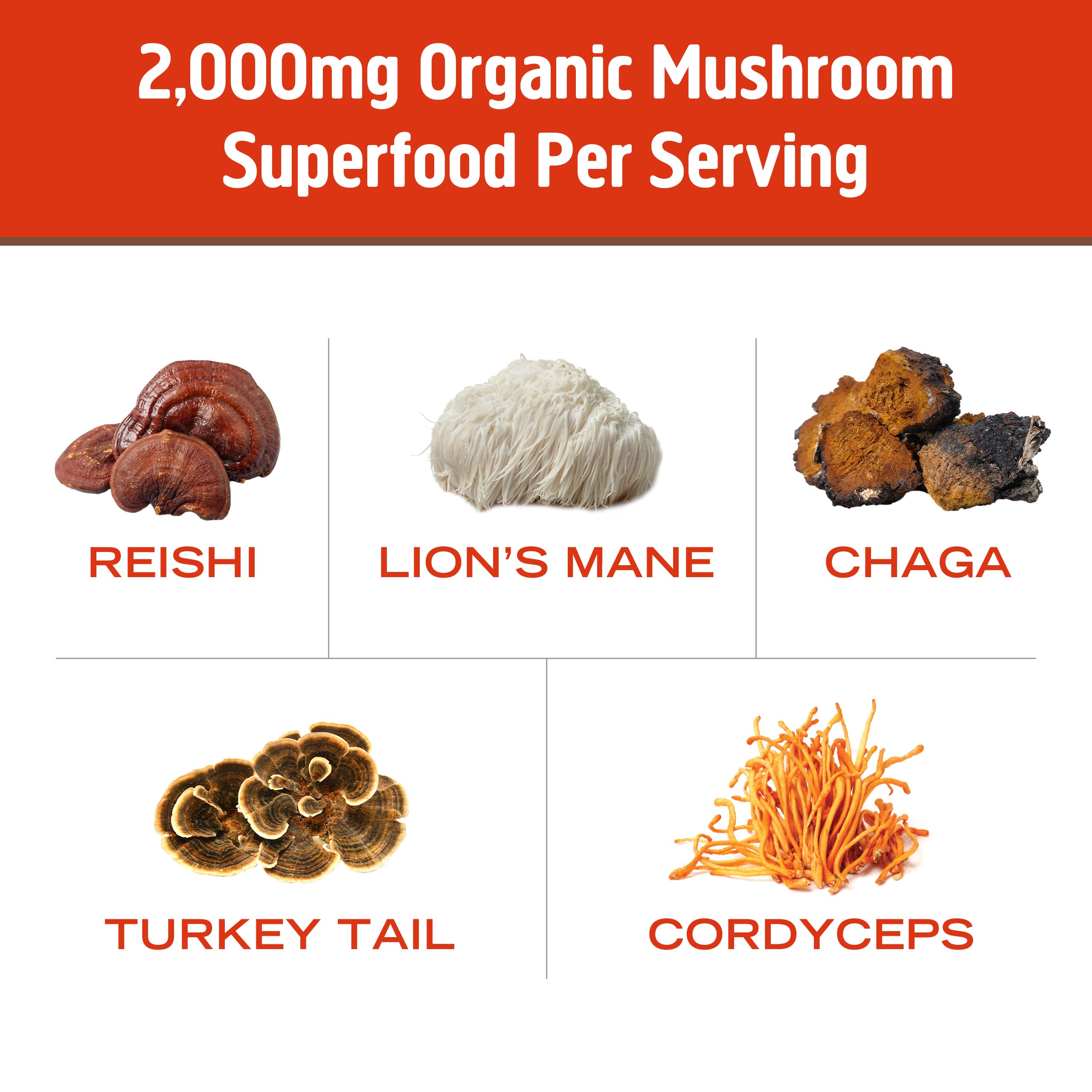 Nutrition label emphasizing 2000mg mushrooms per serving and 400mg beta-glucans