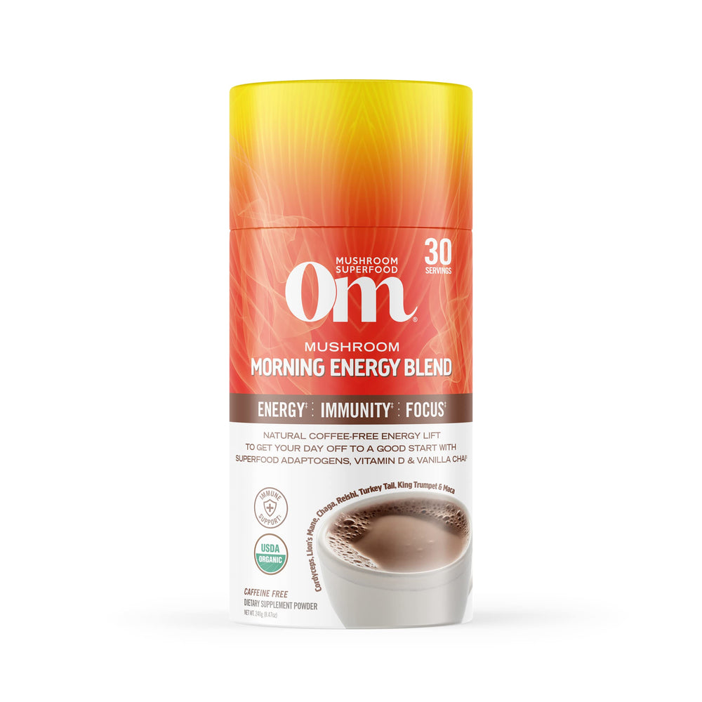 OM Mushroom Superfood Morning Energy Blend canister front shows a caffeine-free energy option for busy mornings