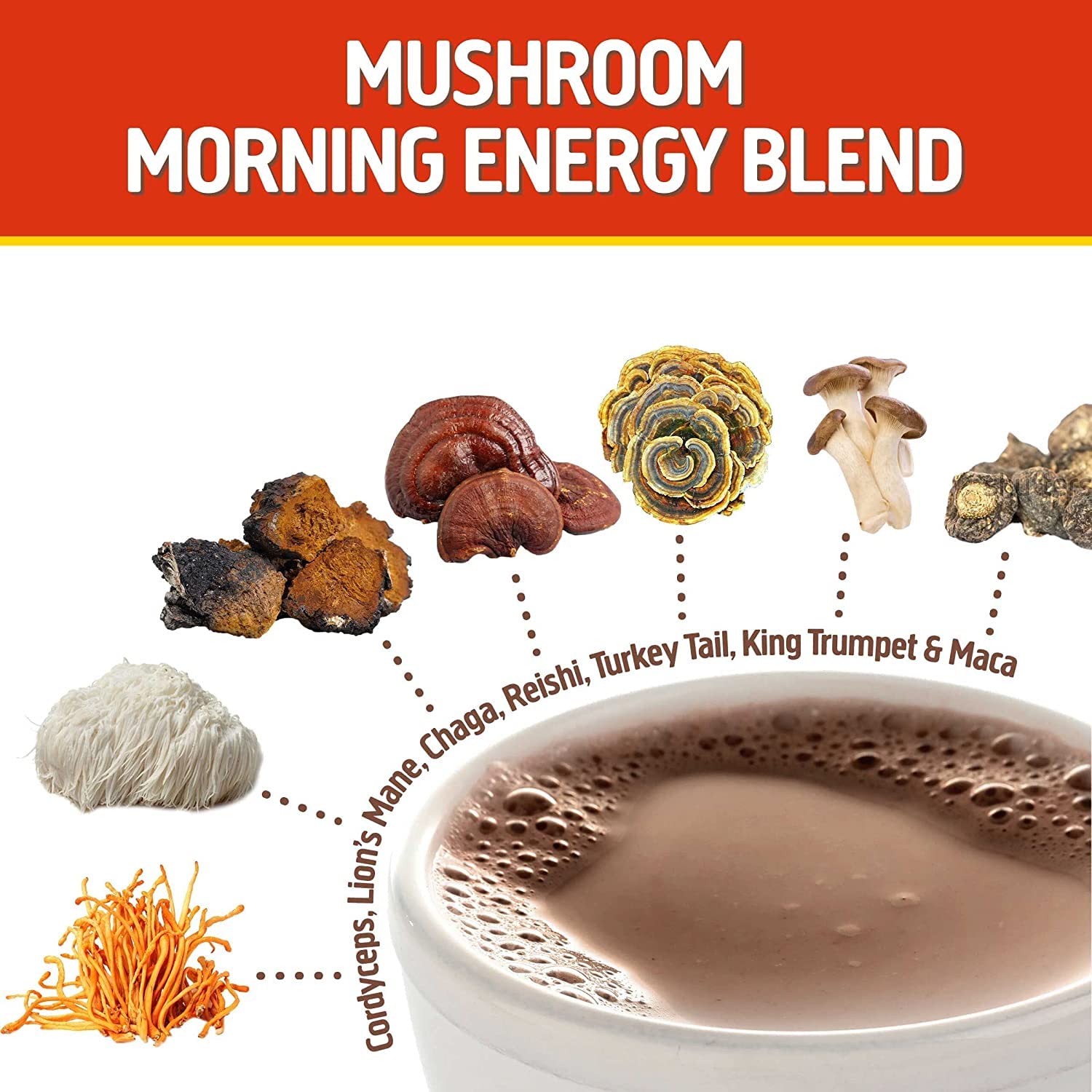 OM Mushroom Superfood Morning Energy Blend chai-spice powder suggests a cozy daily ritual