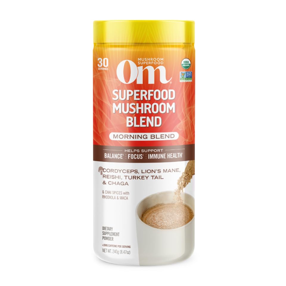 OM Mushroom Superfood Morning Energy Blend label closeup emphasizes clean energy support