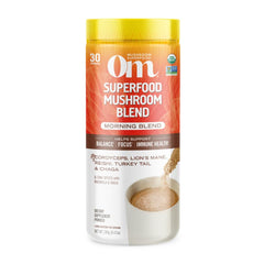 OM Mushroom Superfood Morning Energy Blend label closeup emphasizes clean energy support