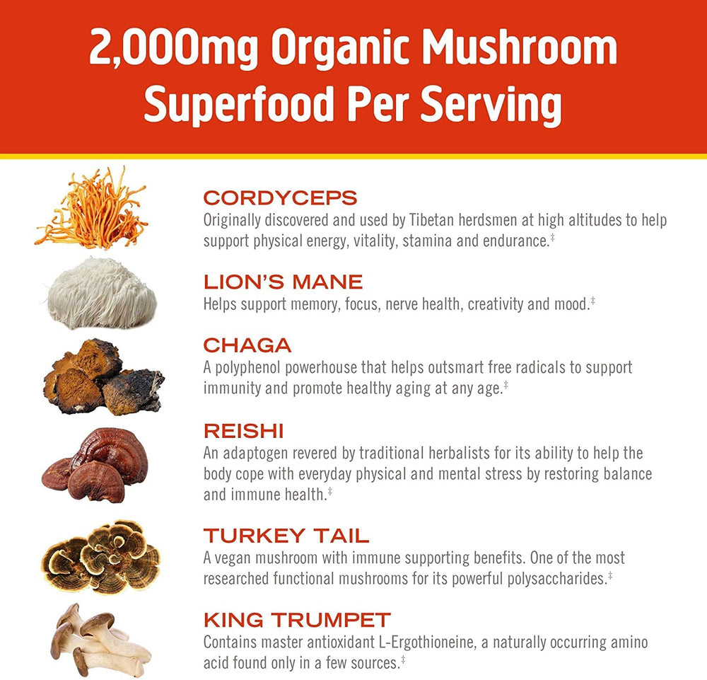 OM Mushroom Superfood Morning Energy Blend powder being poured illustrates 2000 mg of mushrooms per serving