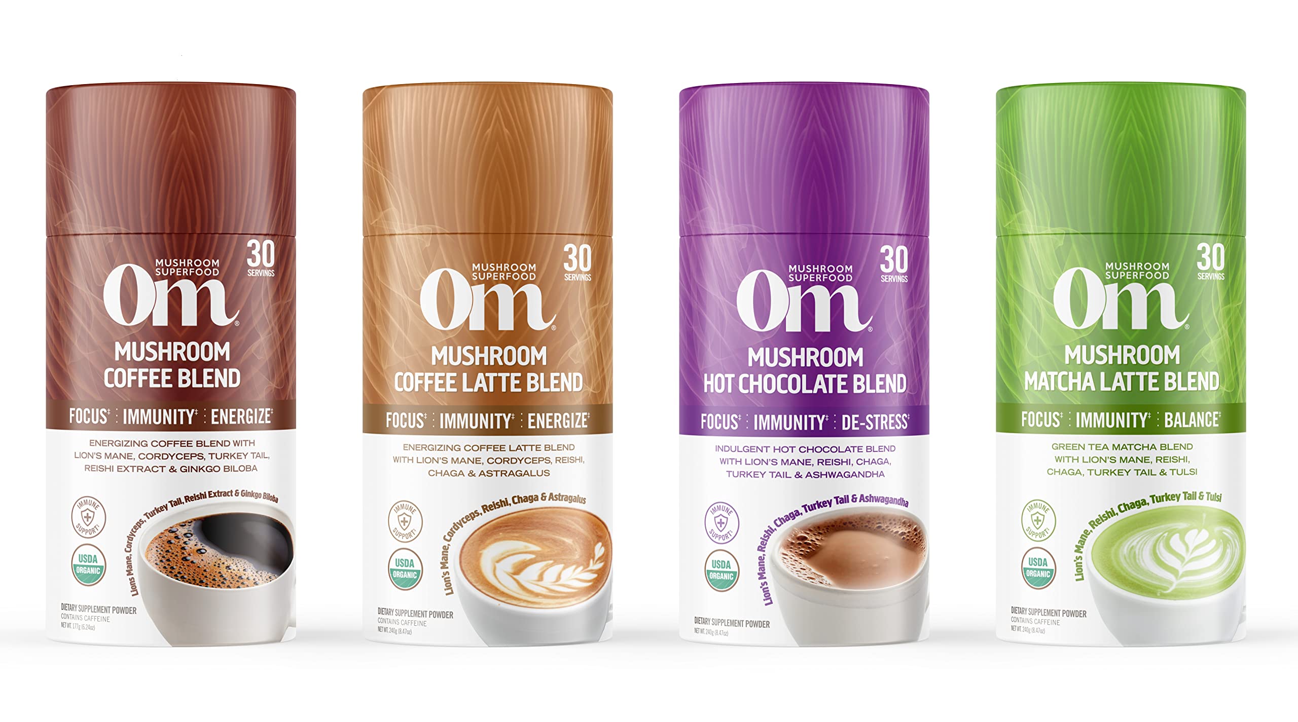 OM Mushroom Superfood Morning Energy Blend canister with vitamin D2 hint implies potential nutrient support