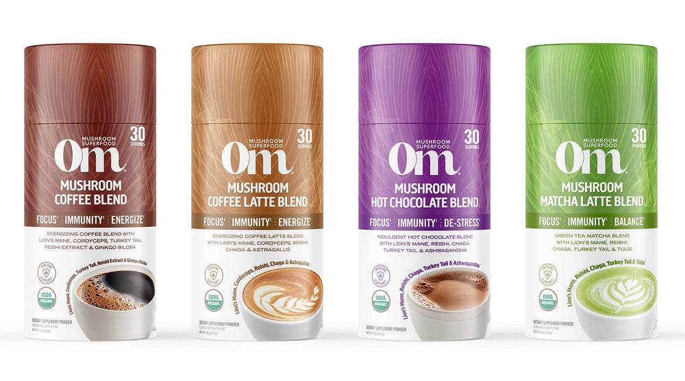 OM Mushroom Superfood Morning Energy Blend canister with vitamin D2 hint implies potential nutrient support
