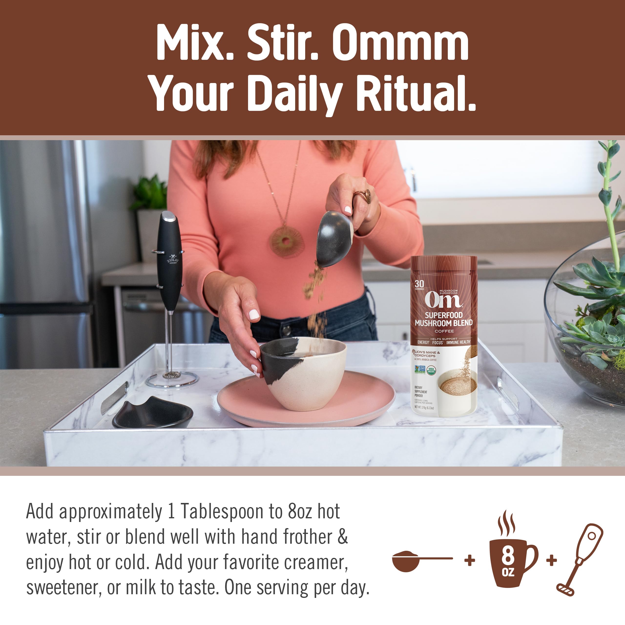 OM Mushroom Superfood mushroom blend powder ready to mix boosts daily energy and focus.