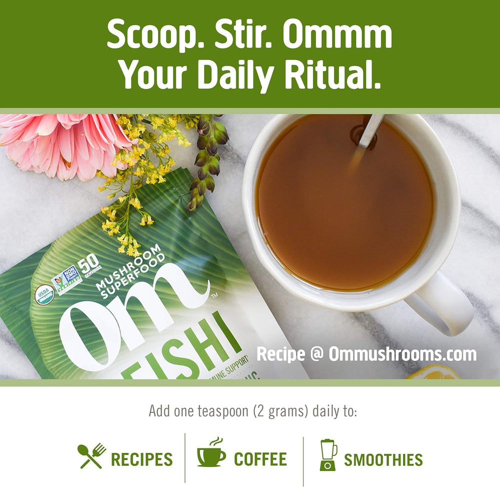 OM MUSHROOM SUPERFOOD organic certifications icons: USDA Organic and Non-GMO