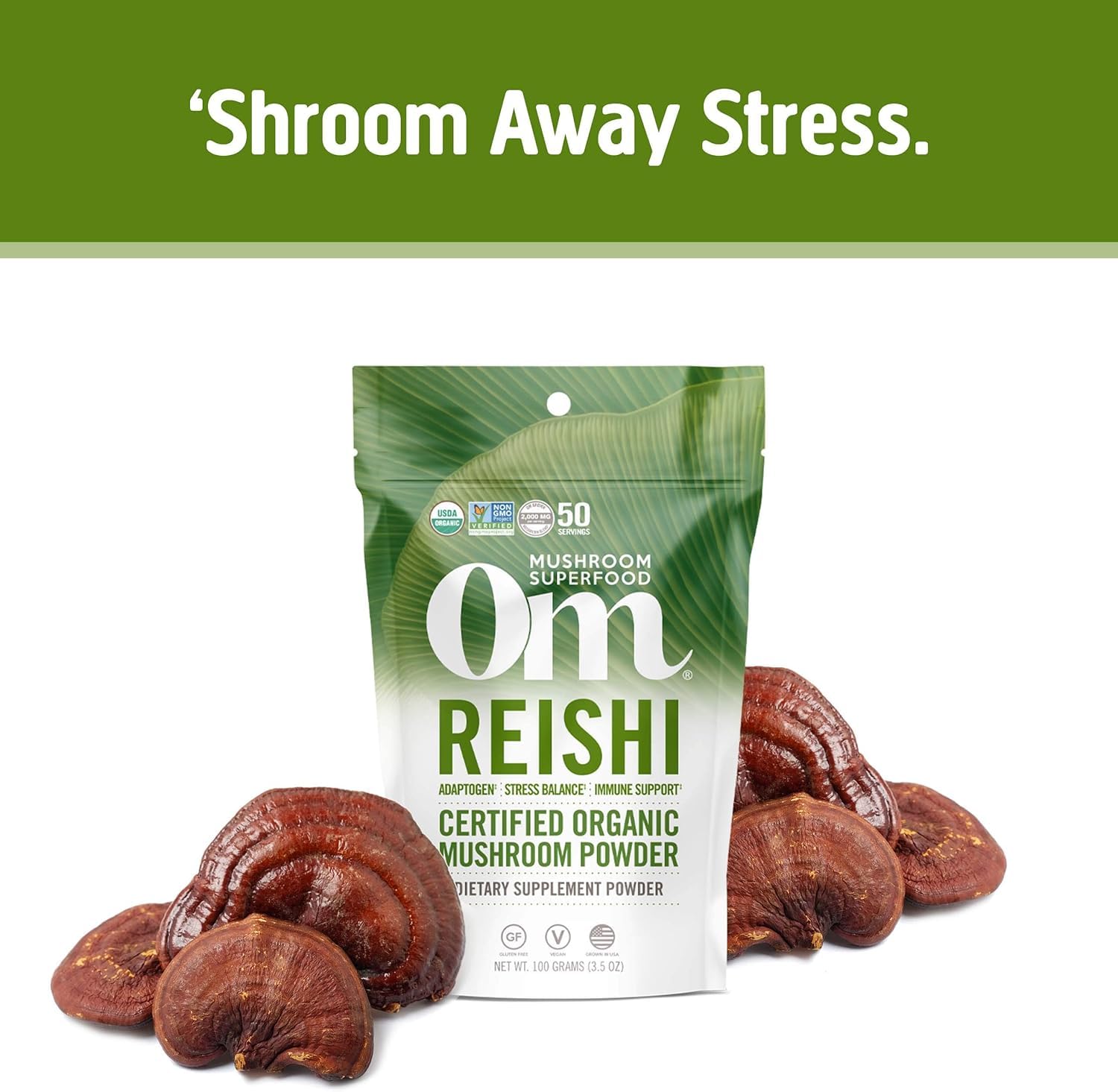 OM MUSHROOM SUPERFOOD organic reishi mushroom image with beta glucans and antioxidants