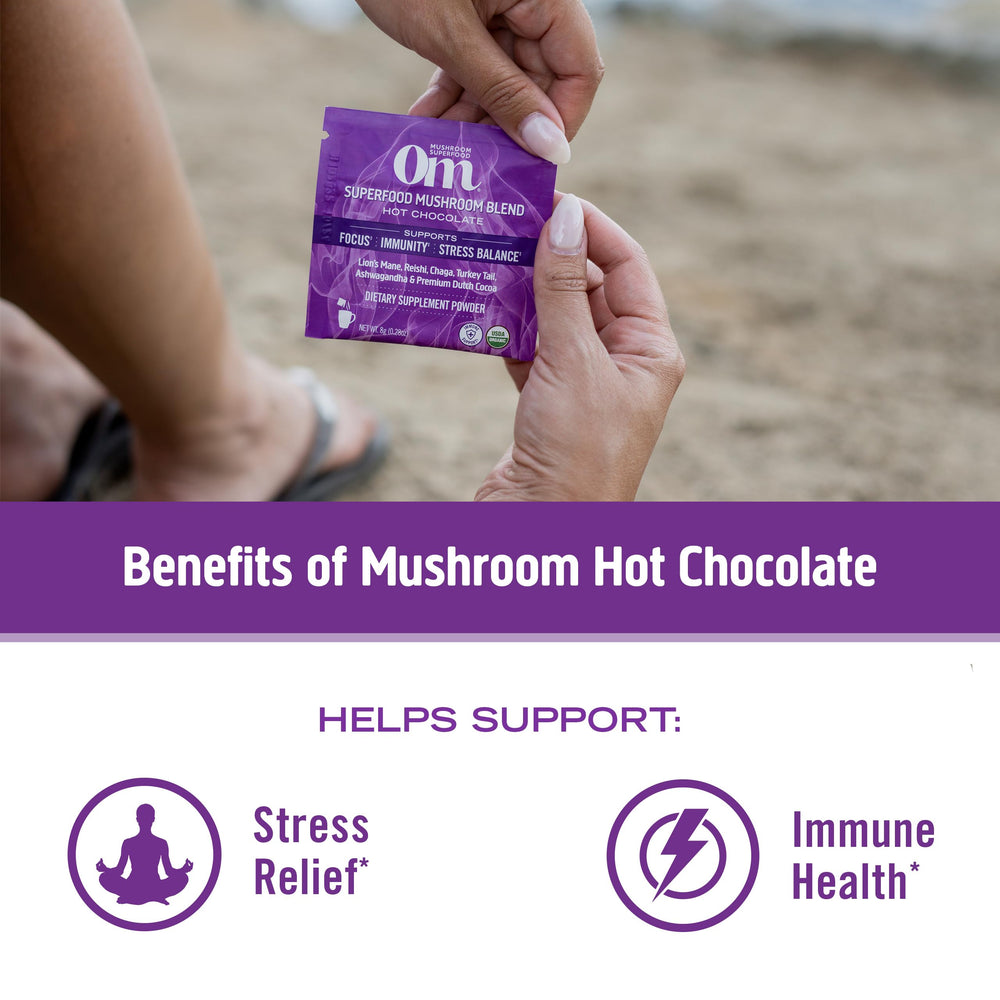 OM Mushroom Superfood packaging nutrition label highlights 30 servings and 2g sugar.
